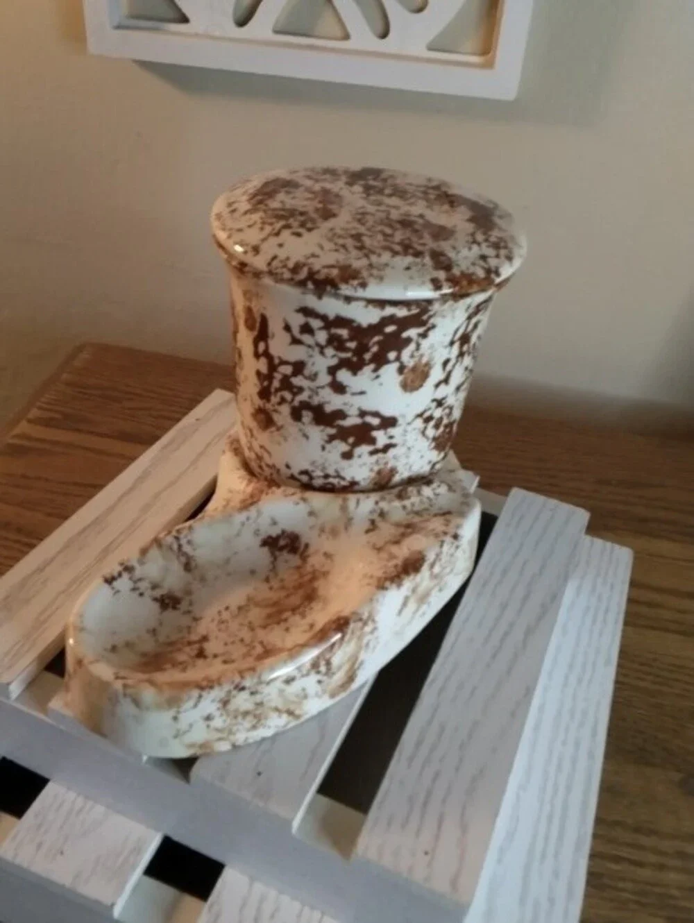Vintage Speckled Ceramic Toothbrush Holder & Soap Dish Set - Cream and Brown